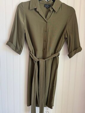 Topshop Olive Button-Front Midi Shirt Dress with Tie
